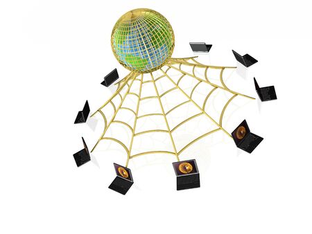 Network - notebooks and globe on white background, 3D illustration.の写真素材