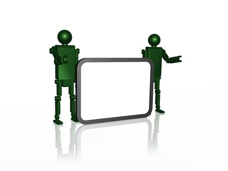 Two robots near the screen, white background, 3D illustration.の写真素材