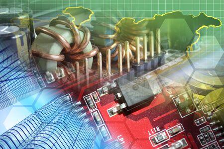 Abstract computer background with electronic device and map.