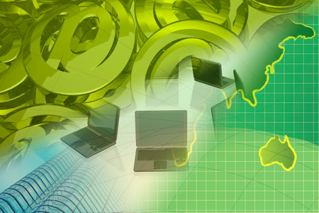 Communication collage - map, mail signs and computers.の写真素材