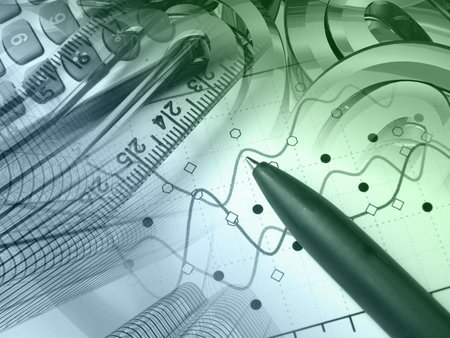 Business collage about reporting - pen, graph and buildings.の写真素材