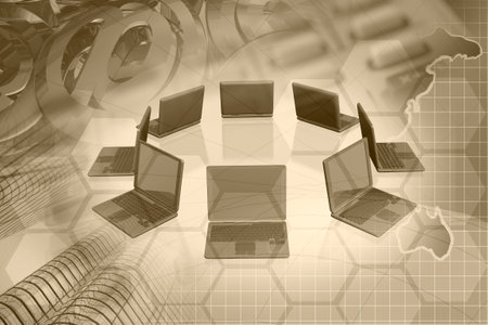 Communication collage - map, mail signs and laptops.の写真素材