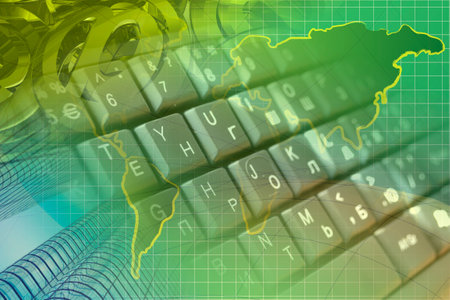 Communication collage - office buildings, mail signs and keyboard.の写真素材