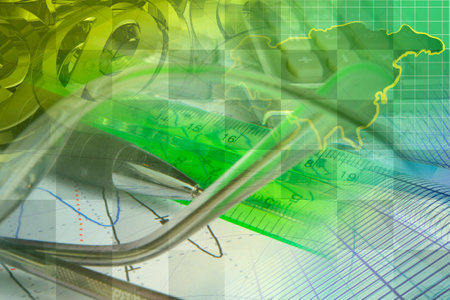 Business collage about reporting - pen, graph and glasses.の写真素材