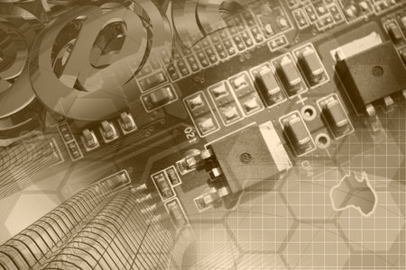 Communication collage - office buildings, mail signs and electronic components.
