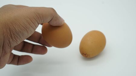 egg in hand on white blackgroundの写真素材
