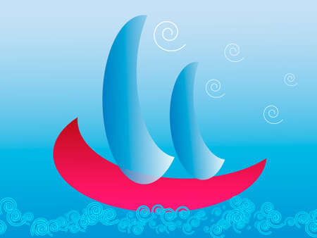 Boat in ocean with blue sailsのイラスト素材