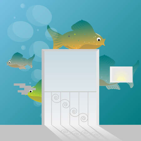 Balcony window view minimalism.Fishes under water wallpaper.Vector illustrationのイラスト素材