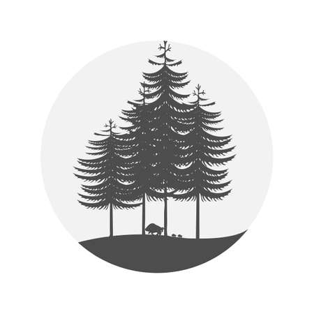 Ecological circle logotype or icon.Wild boar family in nature.Forest silhouetteのイラスト素材