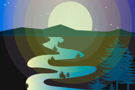 Natural landscape.  Vector illustration of wild coniferous wood with river in full moon night.のイラスト素材
