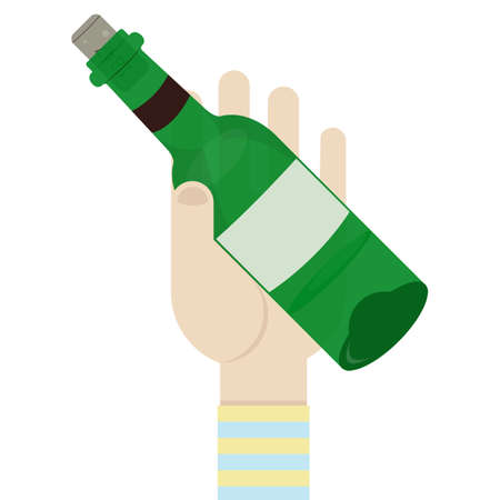 Hand with green bottle of alcohol. Vector isolated illustration.のイラスト素材