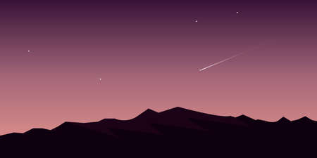 Falling meteorite in dusk sky. Sunset mountain landscape.のイラスト素材