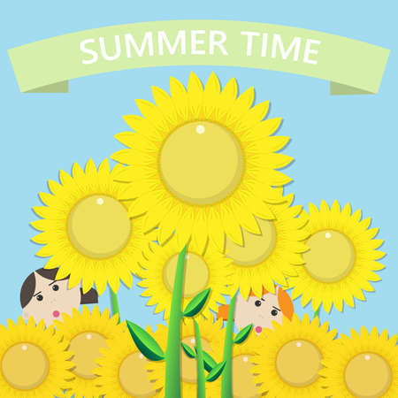 Childen among sunflowers.Summer time vector backgroundのイラスト素材