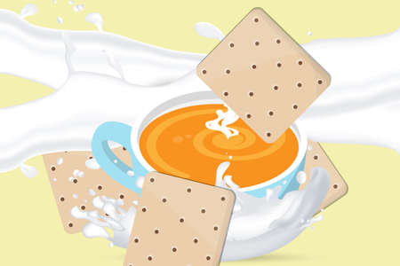 Blue cup of coffee or tea with milk and cookies.5'o clock tea time.Breackfast isolated on yellow background illustrationのイラスト素材