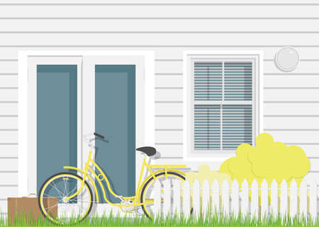 Detailed flat design facade of the house with brown suitcase and a yellow bicycle.Front door of real estate.のイラスト素材