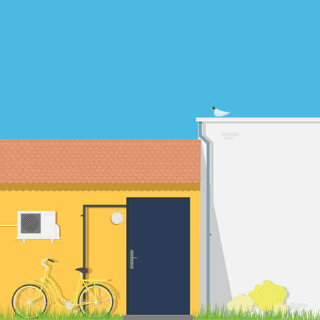 Yellow wall with dark front door and air conditioning.Women's bicycle on the grassのイラスト素材