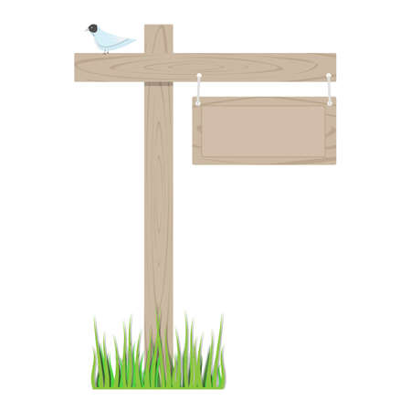 Vintage wooden rural sign with plate.Flat isolated.A bird on the roostのイラスト素材