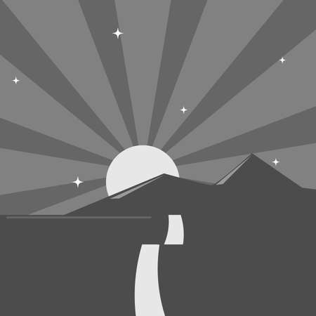 The sunrise over the mountains.Road to horizon.Dark silhouette flat landscapeのイラスト素材