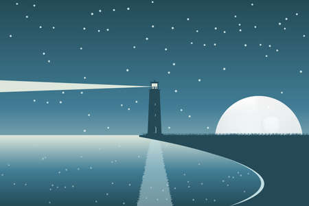 Lighthouse at full moon night.Coast landscape with blue background.Light in the dark.のイラスト素材