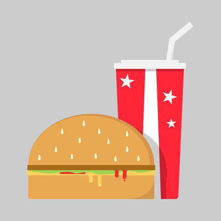 American hamburger with red paper or plastic cup with cola fast food flat designのイラスト素材