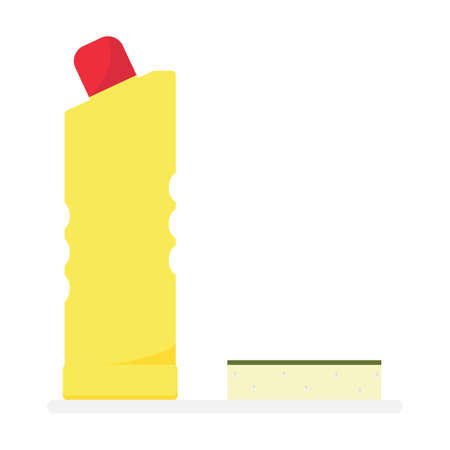 Cleaning tools flat illustration.Household stuff isolated on white background.Yellow bottle with detergent and spongeのイラスト素材