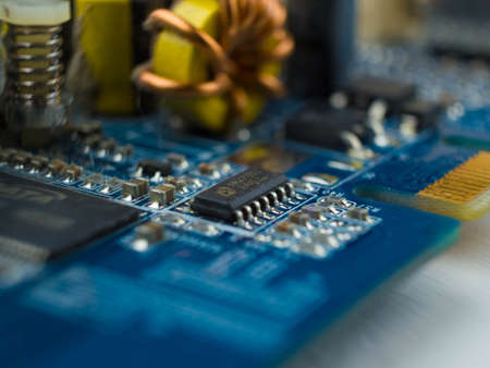 Computer motherboard. Closeup electronic components. Studio shot.