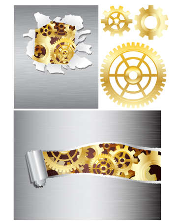 Golden gears with brushed metal texture and two creative banners. Eps10 のイラスト素材
