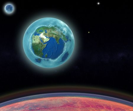The Ice age, frozen earth and moon from frozen sun - digital art work