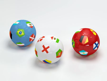 three soccer-ball with flags on withe background -3d renderingの写真素材