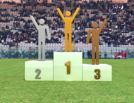 Three human figure on podium in the stadium - digital artworkの写真素材