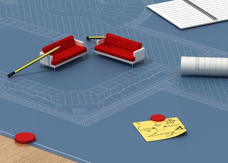  model of a two red sofa on  architectural plans.の写真素材