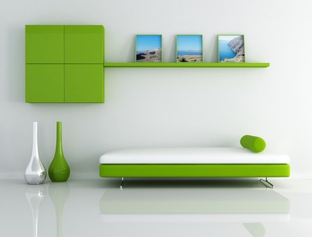 green relax room with landscape pictureの写真素材