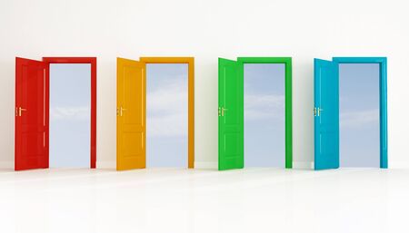 conceptual for many use, four colored open door against clear sky