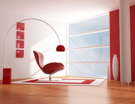 modern living room with red fashion armchair - renderingの写真素材