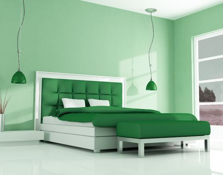 green bedroom of a holiday house - renderingの写真素材