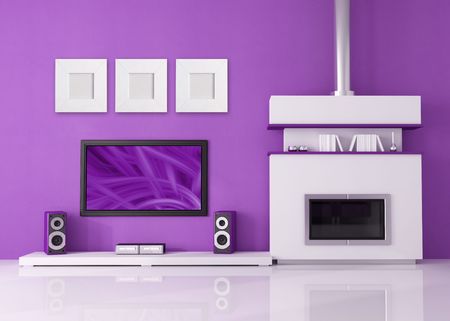 contemporary fireplace with lcd tv and speaker in a purple loungeの写真素材
