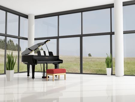 grand piano in a modern minimalist living roomの写真素材