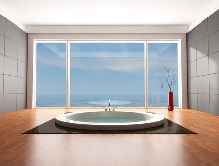 minimalist bathroom with big circular bathtub - rendering - the omage on background is a my rendering compositionの写真素材