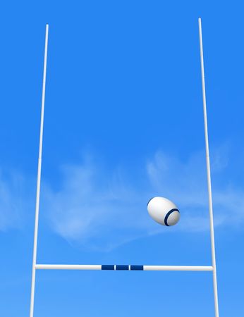 rugby goal post and ball against blue sky - the image on back ground is a my photoの写真素材