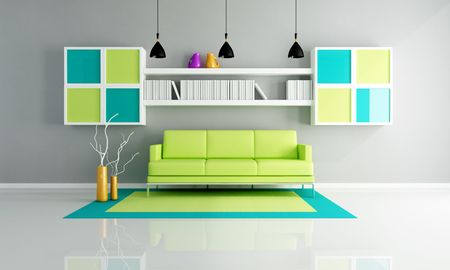 green sofa on colored carpet in a contemporary lounge - renderingの写真素材