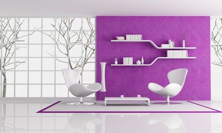 two white fashion armchair in front of a purple plaster wall , renderingの写真素材