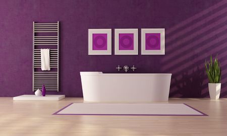 fashion white bathtub in front a plaster purple wallの写真素材