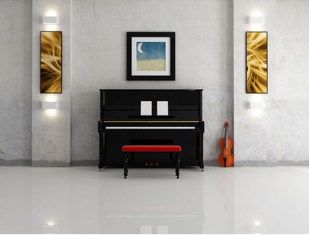 black piano and violin against the old  wall -rendering-the art picture on wall are my compositionの写真素材