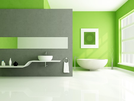 contemporary bathroom with sandstone bathtub and white sink-renderingの写真素材