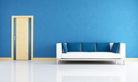blue interior with modern couch and wooden doorの写真素材