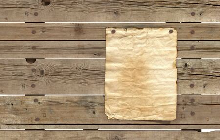 old wood plank with rusty nail and crumpled paper - renderingの写真素材
