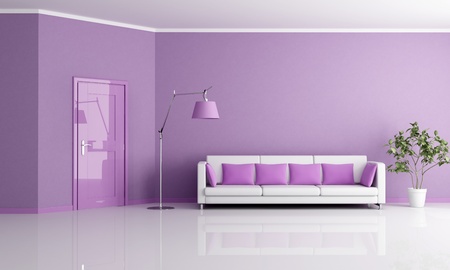 minimalist lilla living room with door and couch - renderingの写真素材