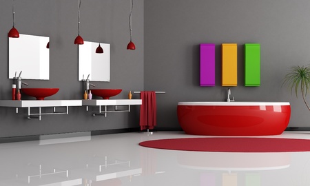 modern black and red bathroom with sink and bathtubの写真素材