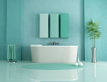 sandstone bathtub in a green modern bathroom - renderingの写真素材
