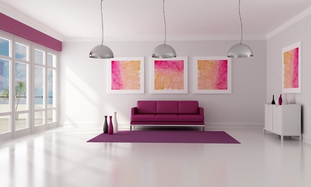 purple and white contemporary  living room - renderingの写真素材